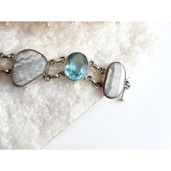 Blue Gemstone & Jasper Chainlink Silver Toned Chunky Vintage Tennis Bracelet - Picture 3 of 14